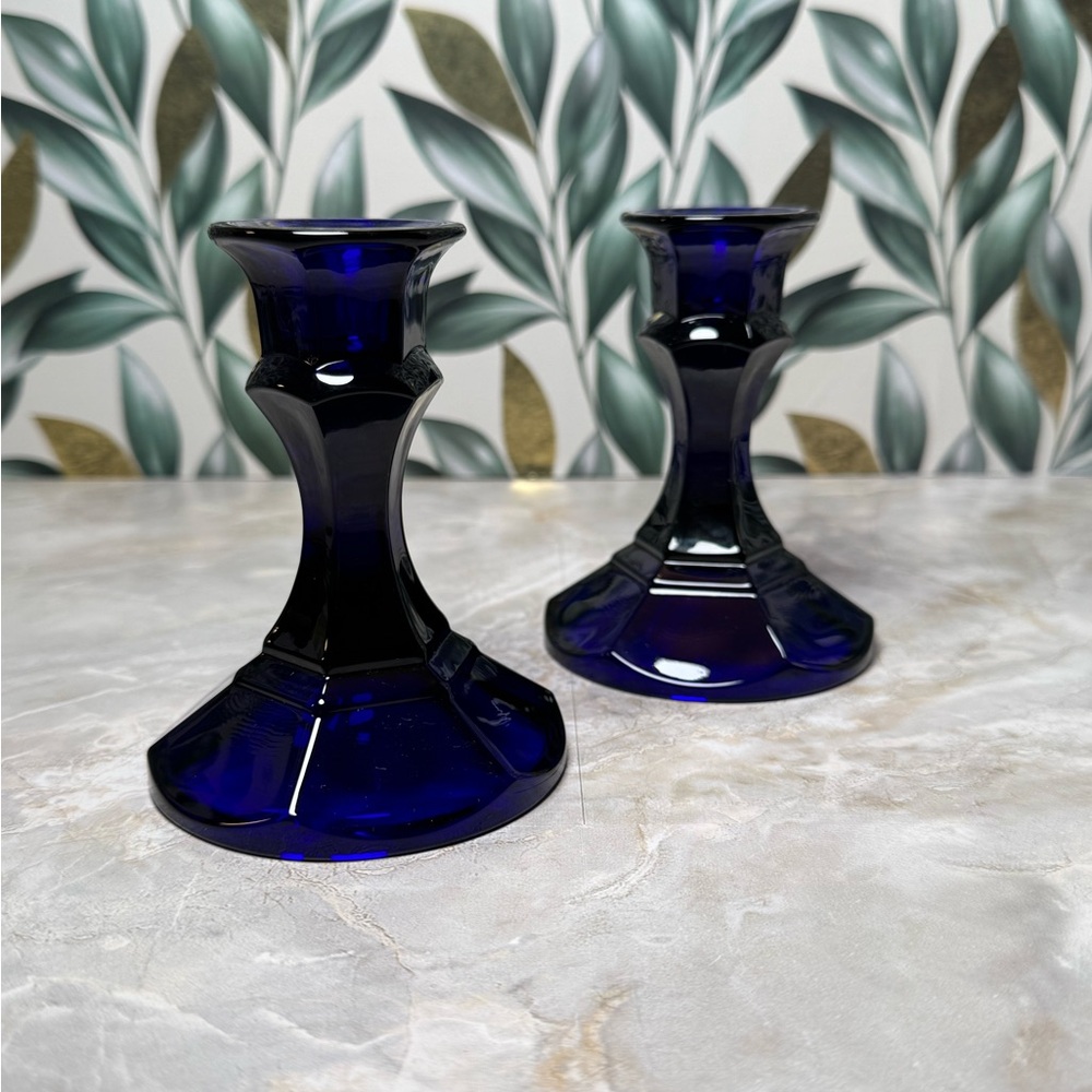 Elegant Vintage Cobalt Blue Glass 4 Inch Candle Holders Table Decoration